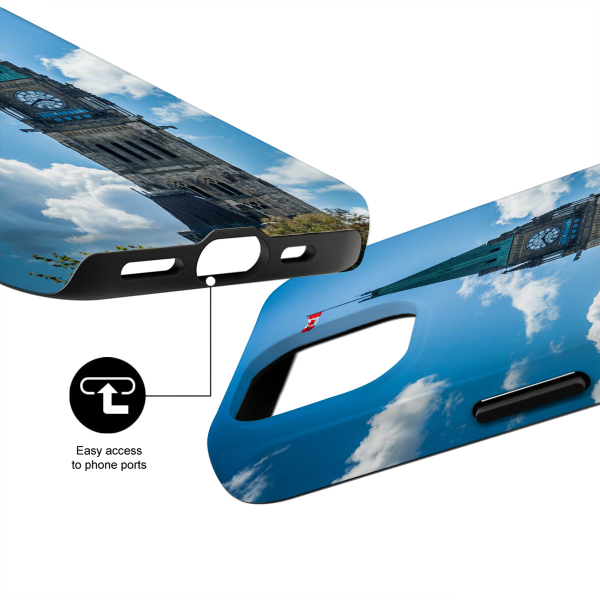 Phone case with Big Ben design and text 'Easy access to phone ports'.