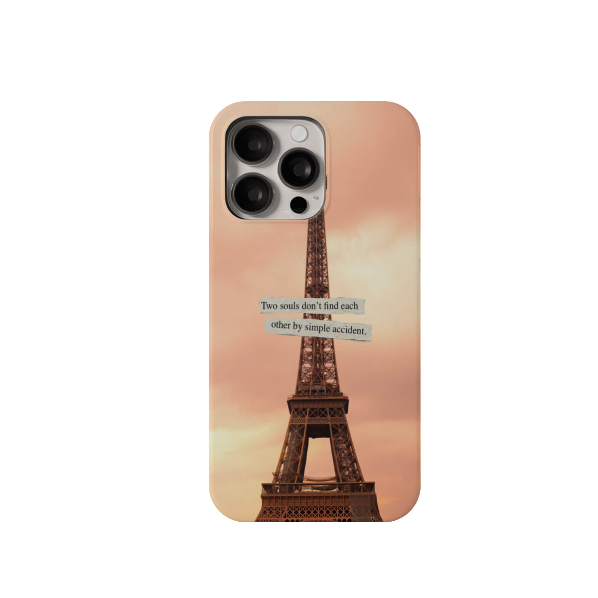Phone case with Eiffel Tower design and romantic quote on a white background