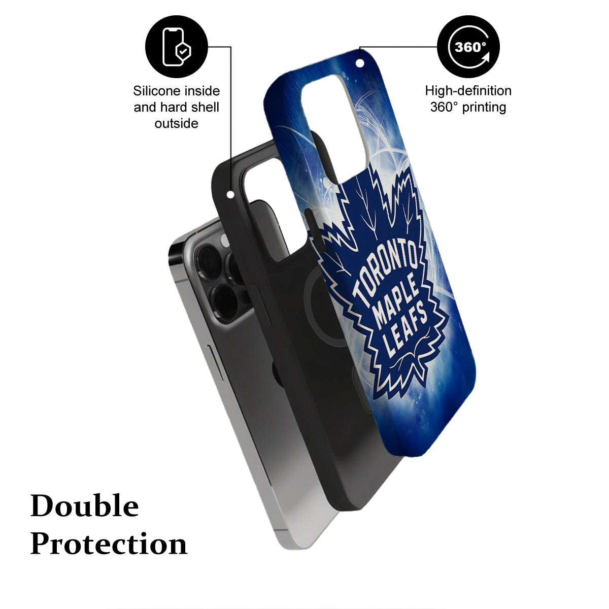 Phone case with Toronto Maple Leafs logo and text highlighting features on a white background