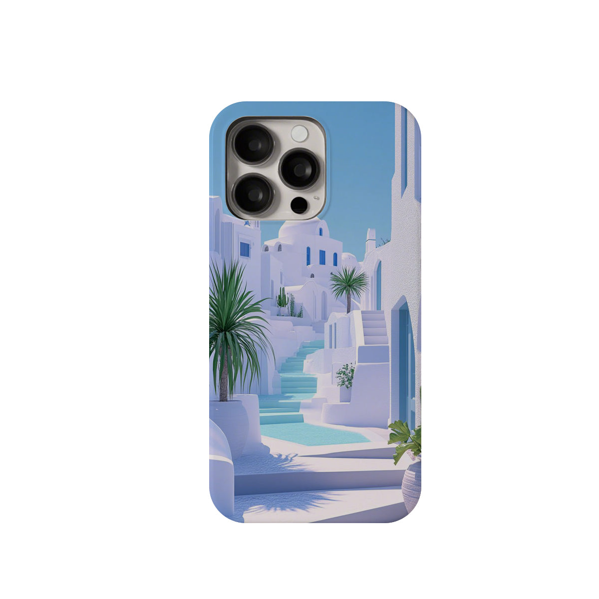 Phone case with a Mediterranean street design on a white background