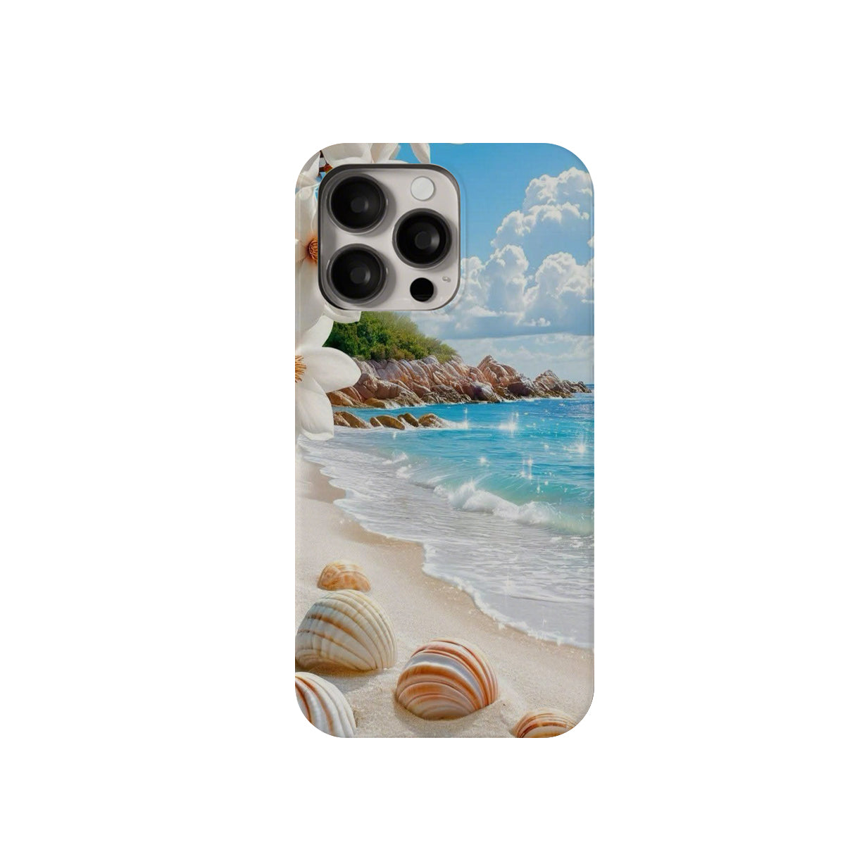 Phone case with a beach design featuring shells and ocean view on a white background