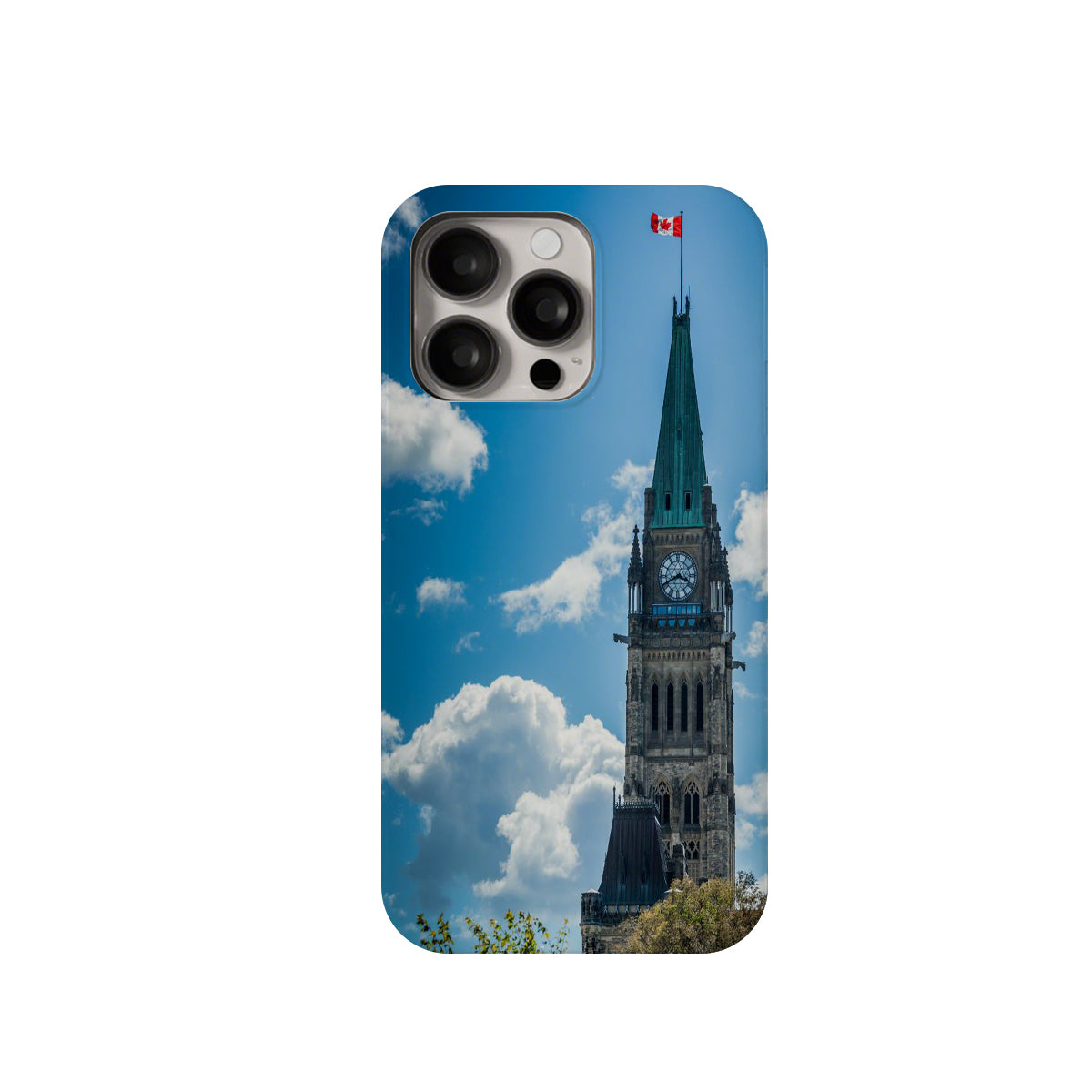 Phone case with a clock tower design on a blue sky background