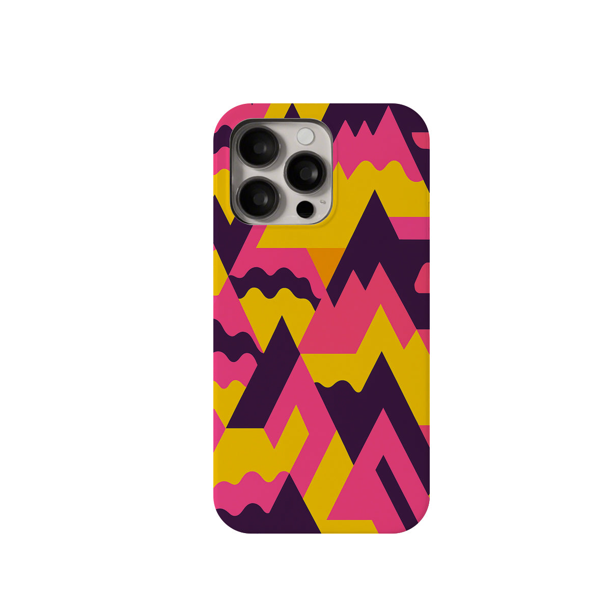 Phone case with a colorful geometric pattern on a white background