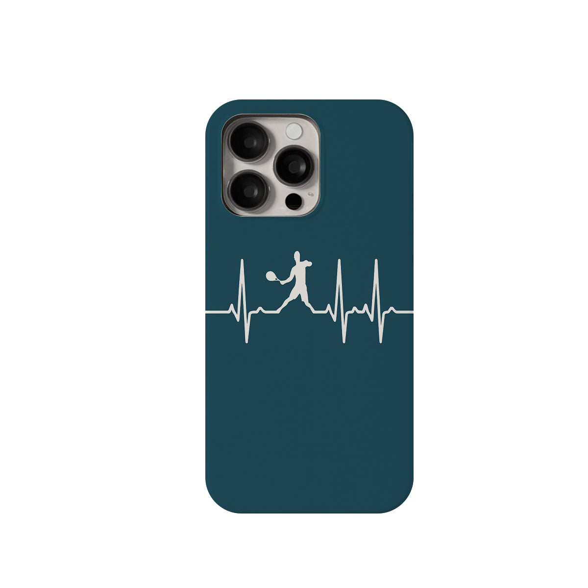 Phone case with a heartbeat design featuring a silhouette of a person playing tennis on a teal background.