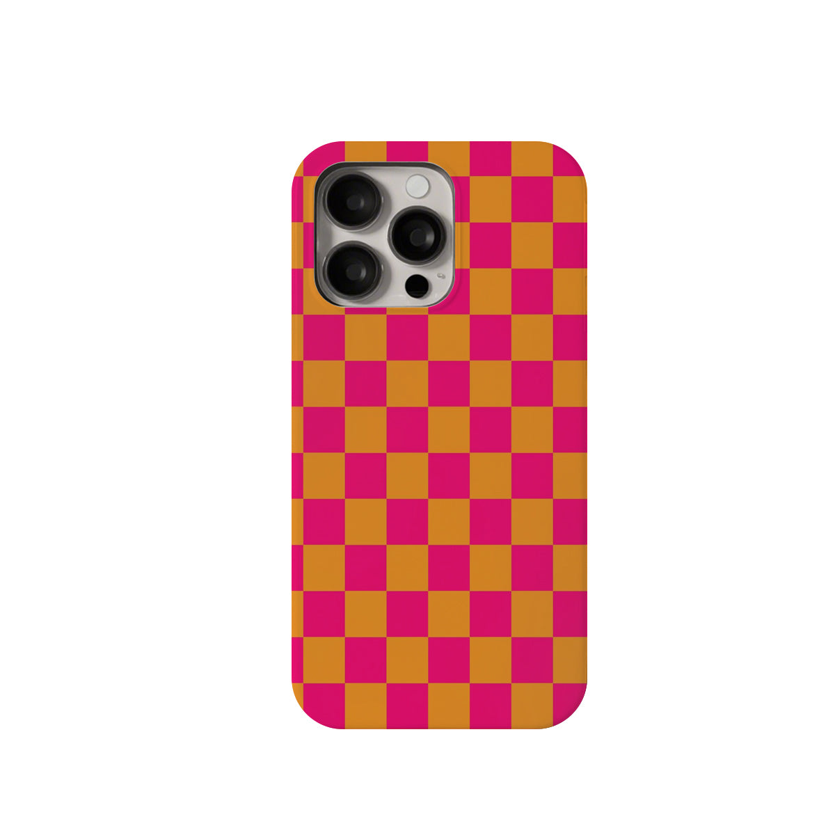 Phone case with a pink and orange checkered pattern on a white background