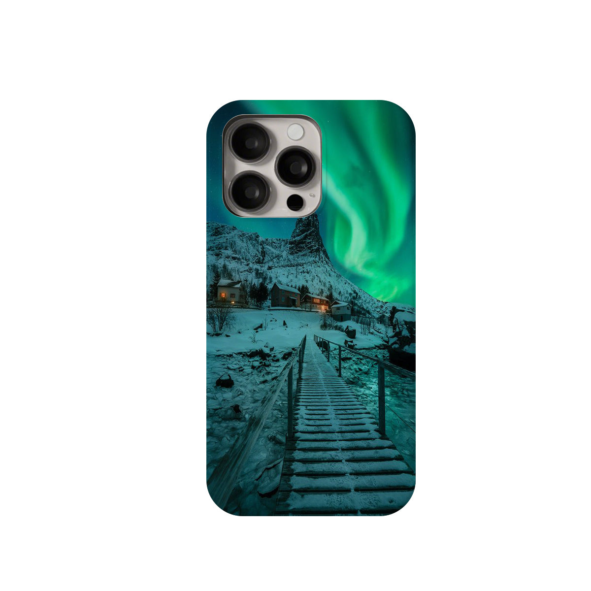 Phone case with a snowy landscape and northern lights design