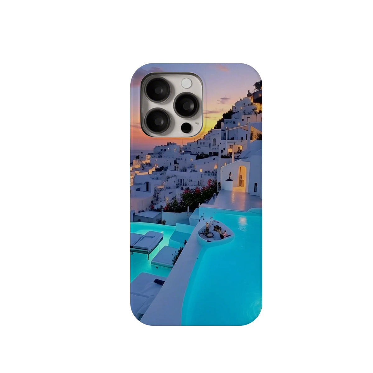 Phone case with a scenic design of a pool and white buildings at sunset.