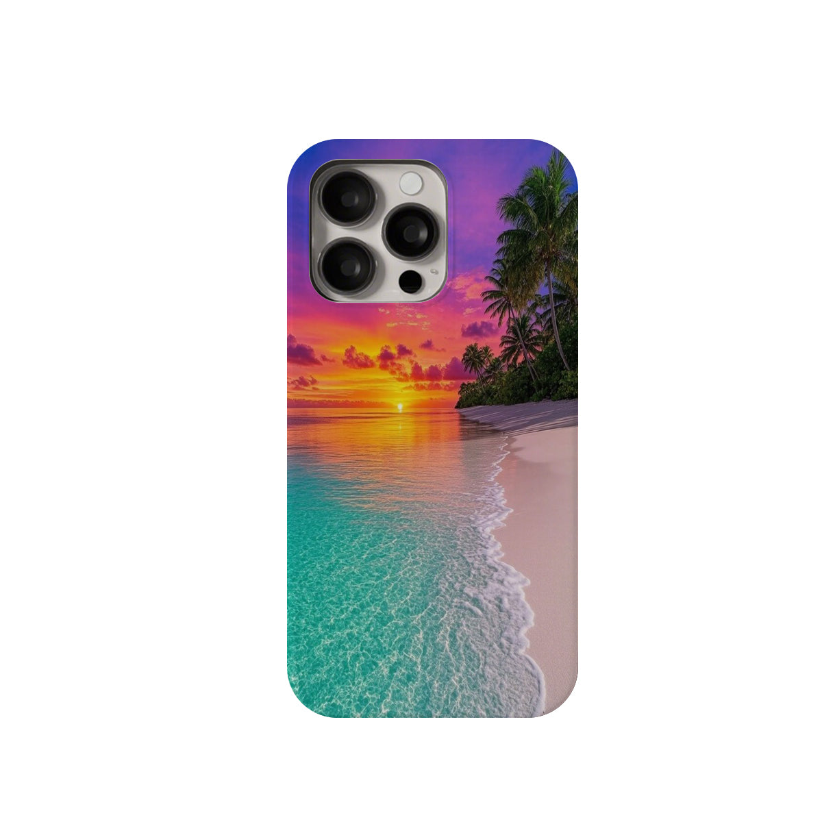 Phone case with a tropical sunset design on a white background
