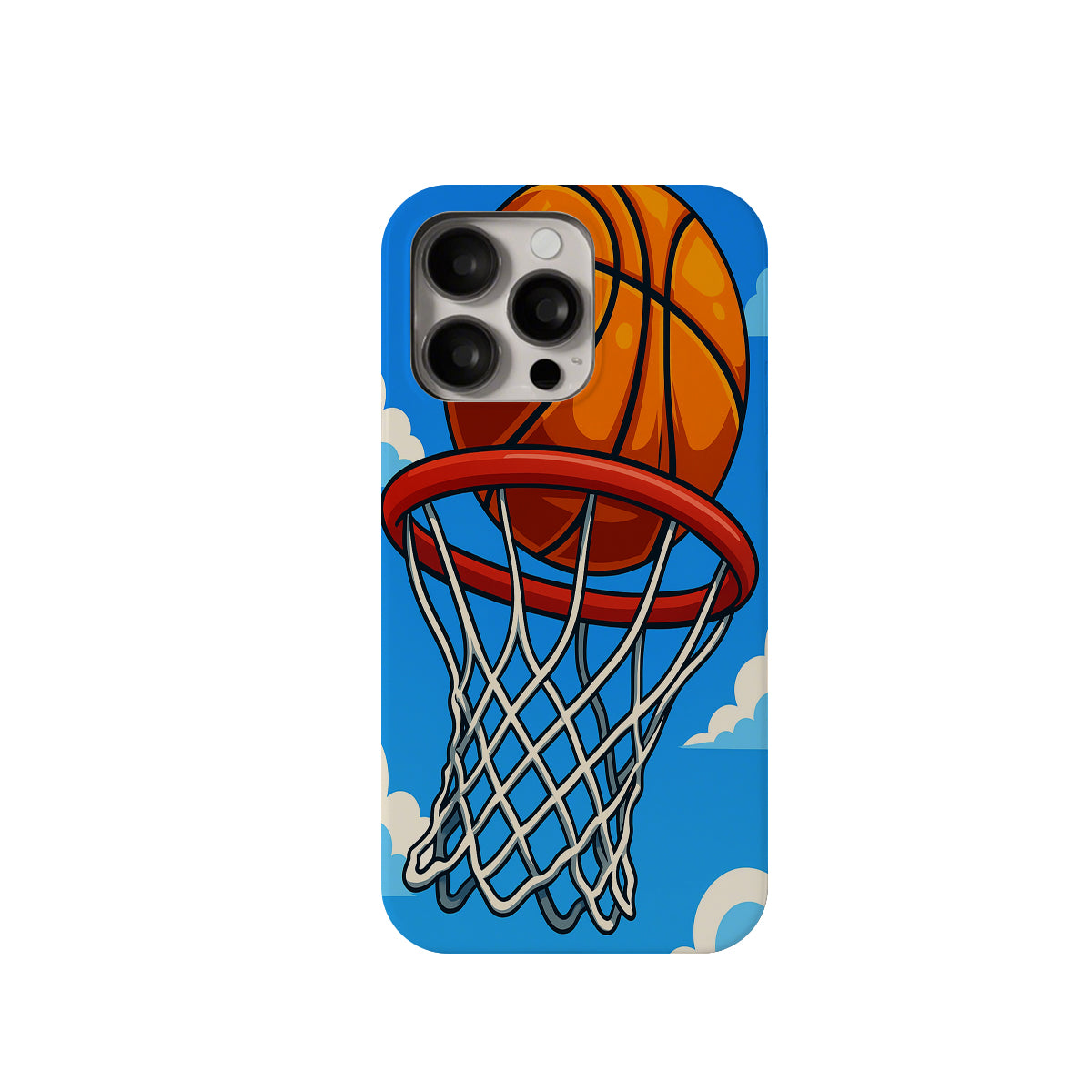 Phone case with basketball and hoop design on a blue background