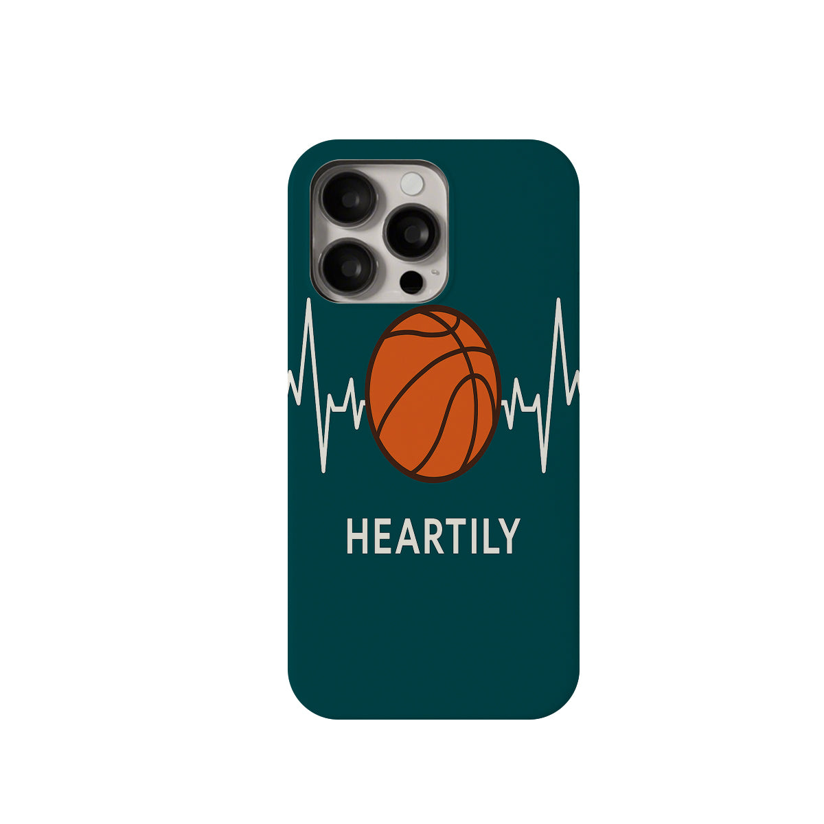 Phone case with basketball design and 'HEARTILY' text on a green background