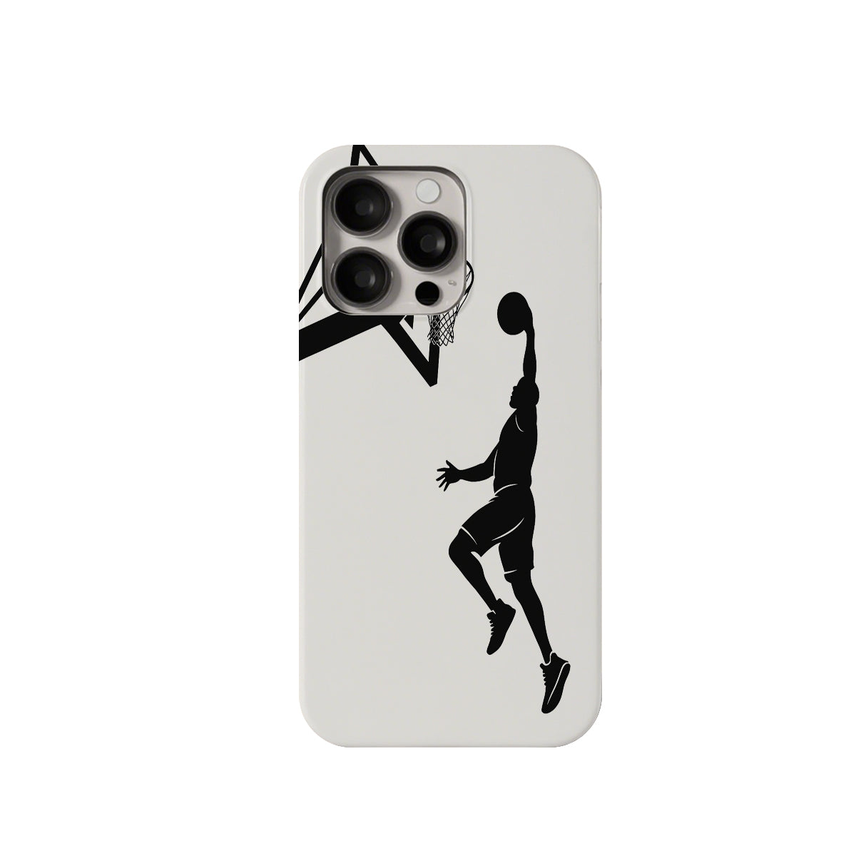 Phone case with basketball player silhouette and hoop design on a white background