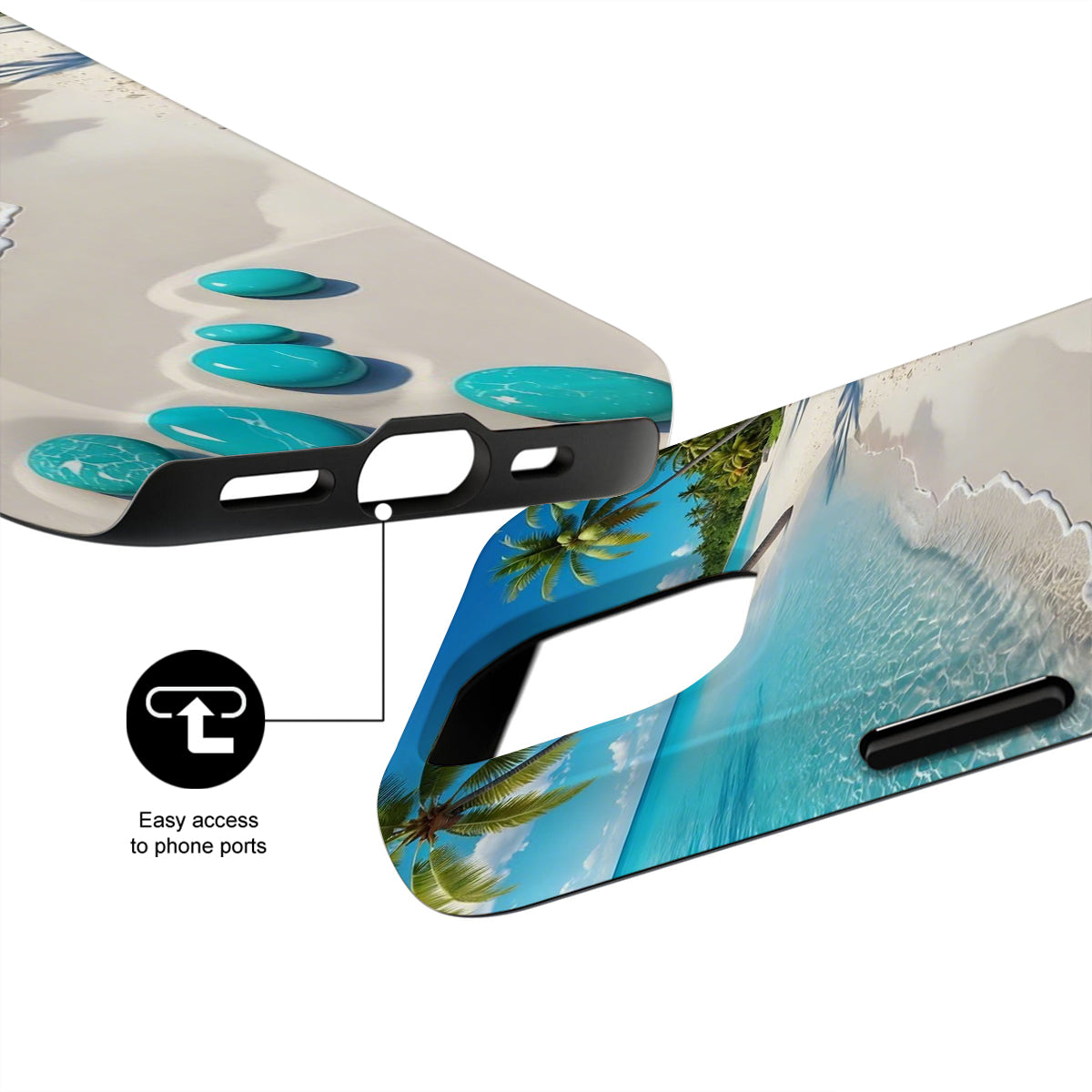 Phone case with beach design and palm trees, showing easy access to phone ports.