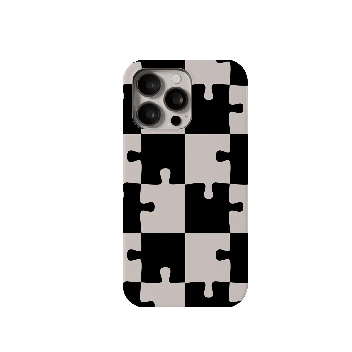 Phone case with black and white puzzle piece pattern on a white background