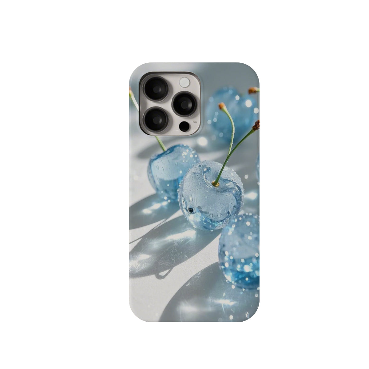 Phone case with blue cherry design on a white background