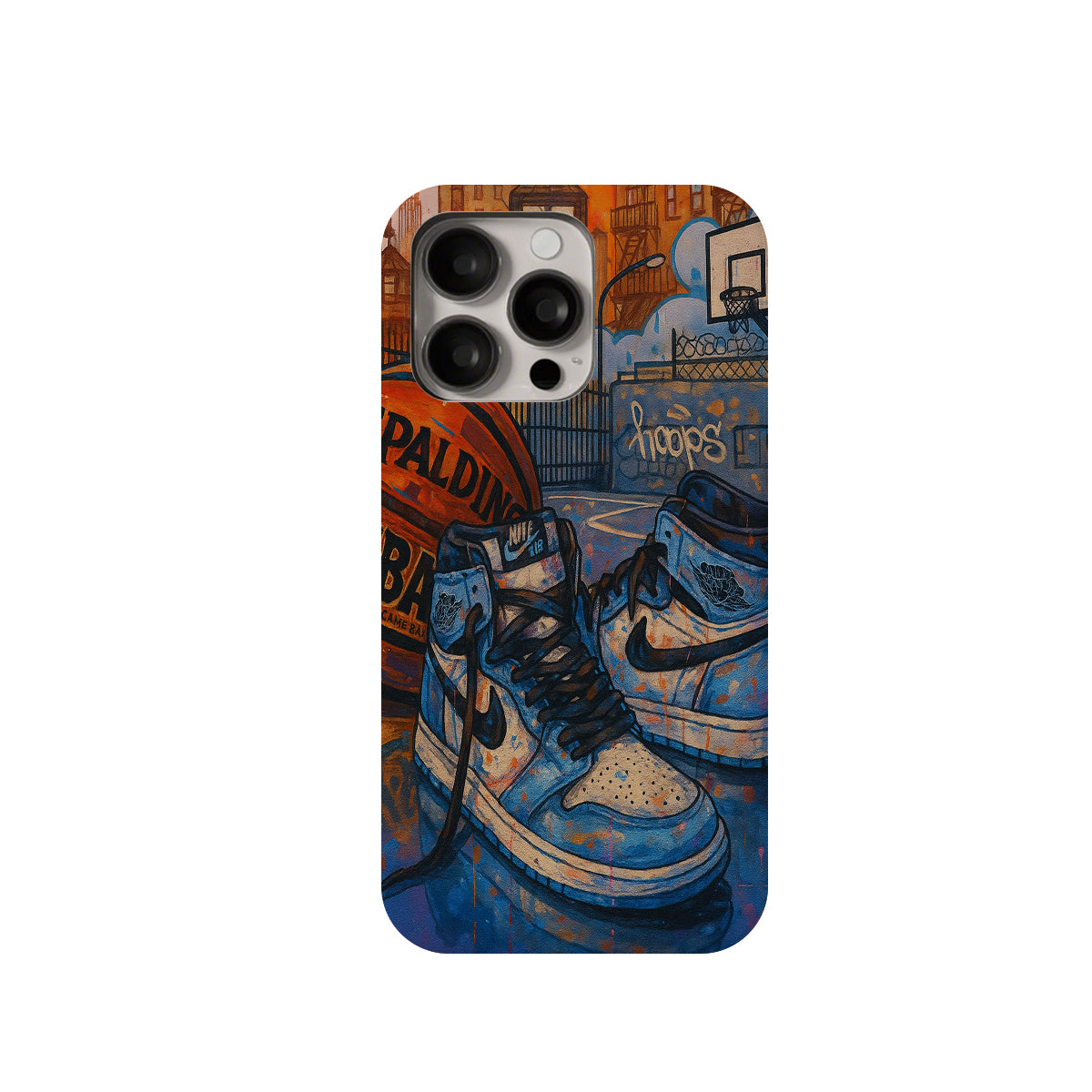 Phone case with blue sneakers and urban street art design on a white background