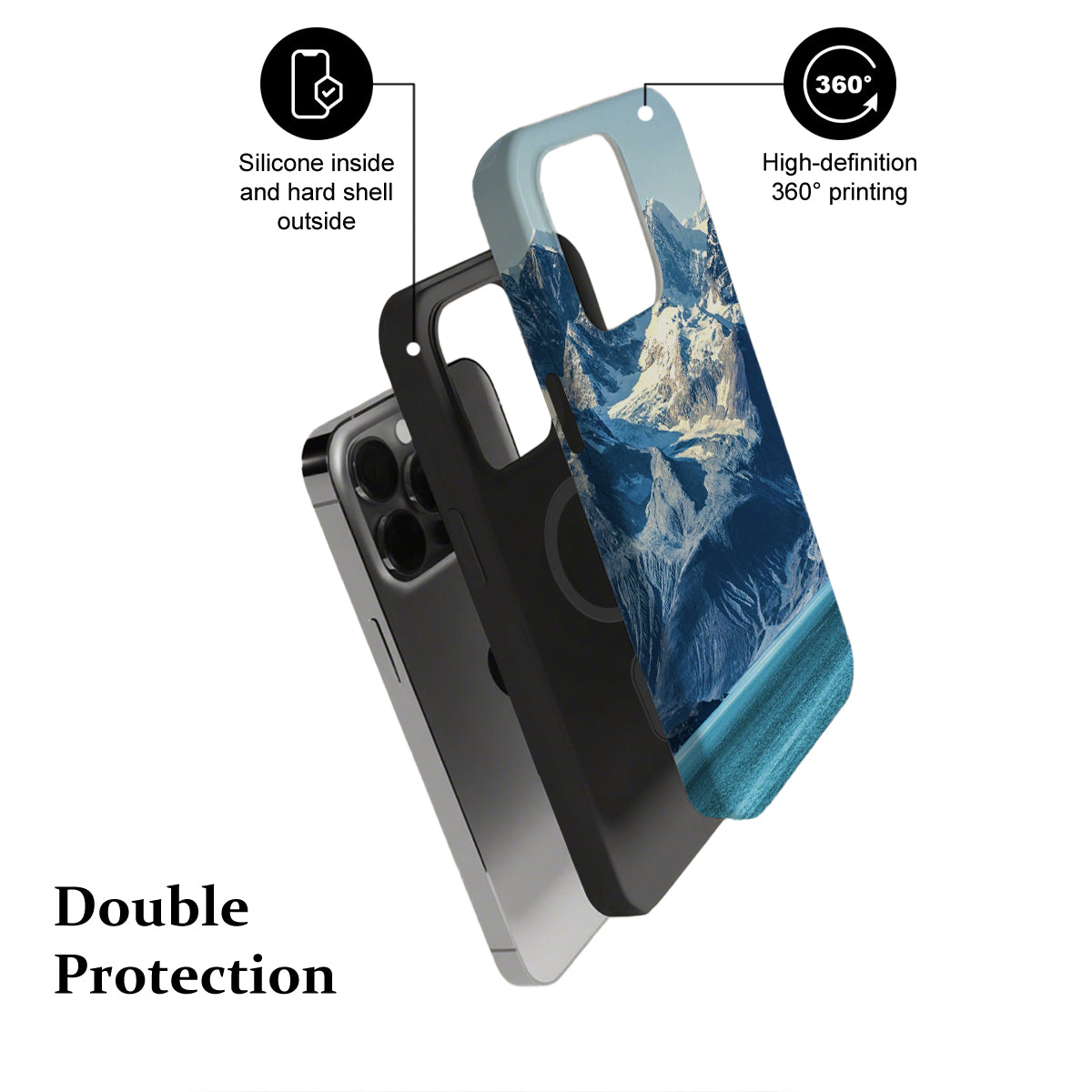 Phone case with blue wave design and text highlighting features on a white background