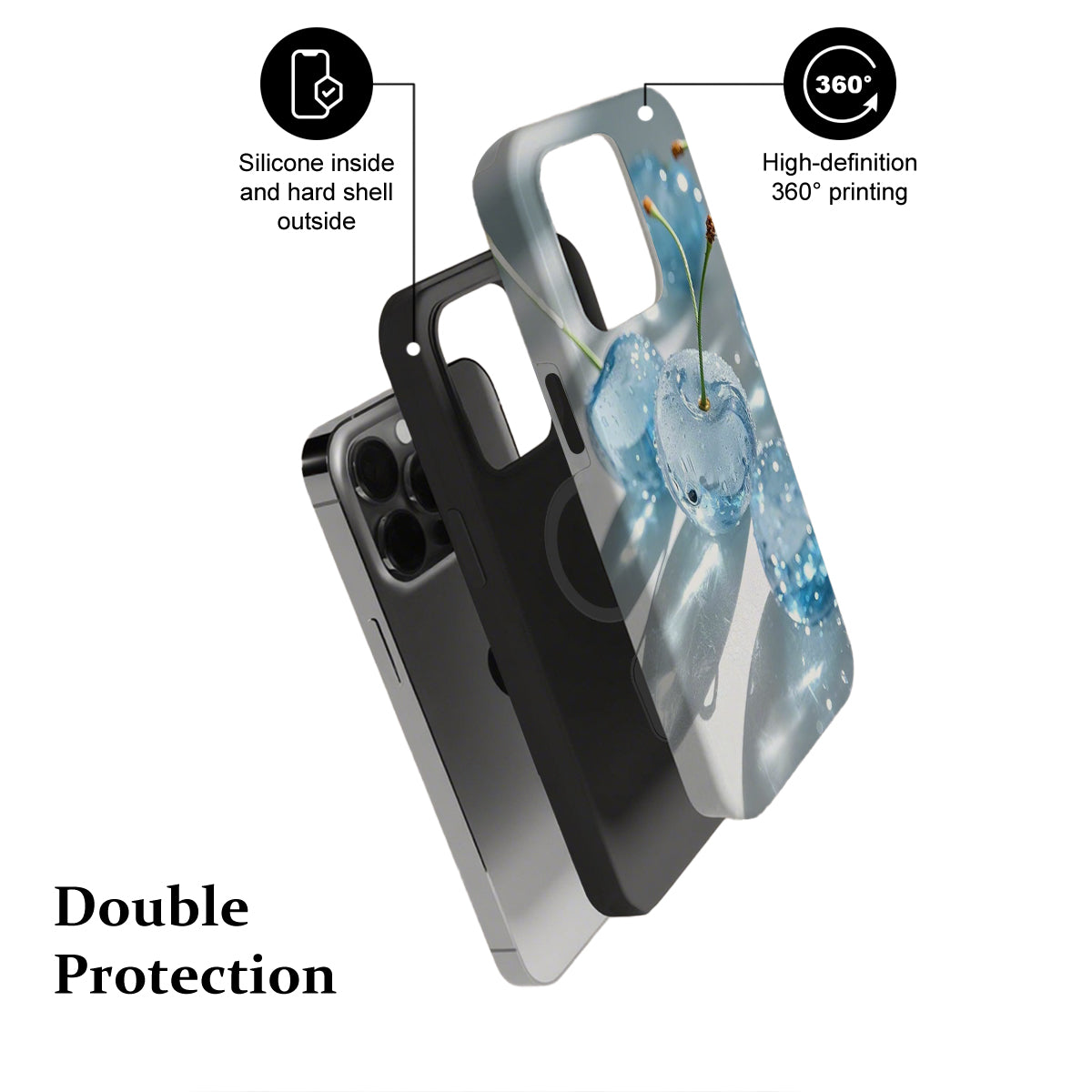 Phone case with features highlighted on a white background