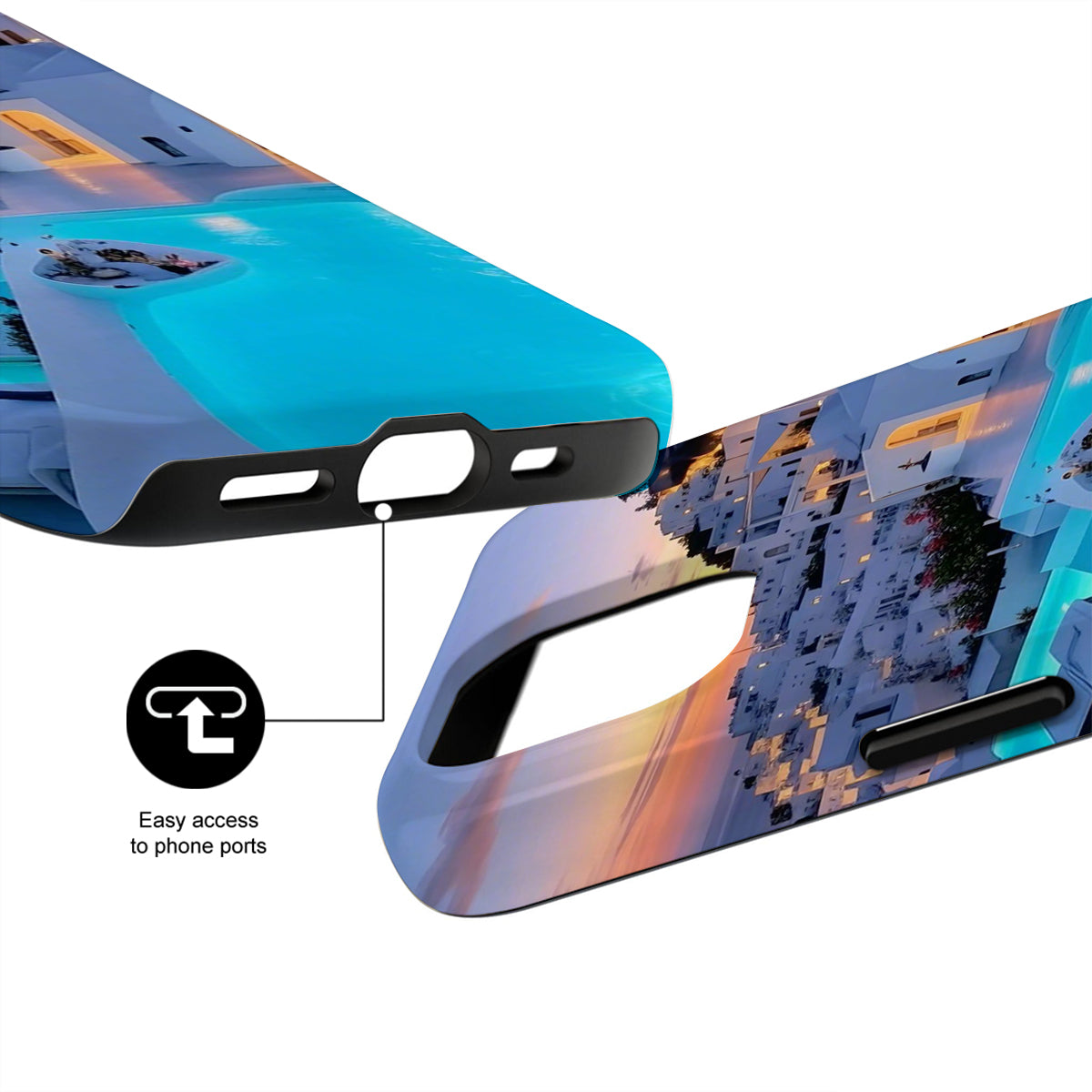 Phone case with cityscape design and text 'Easy access to phone ports' on a white background