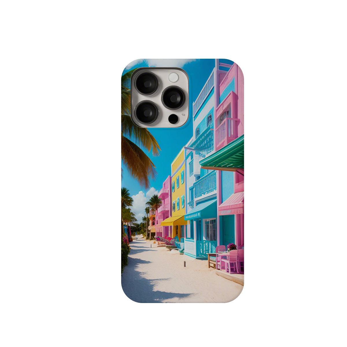 Phone case with colorful street scene design on a white background