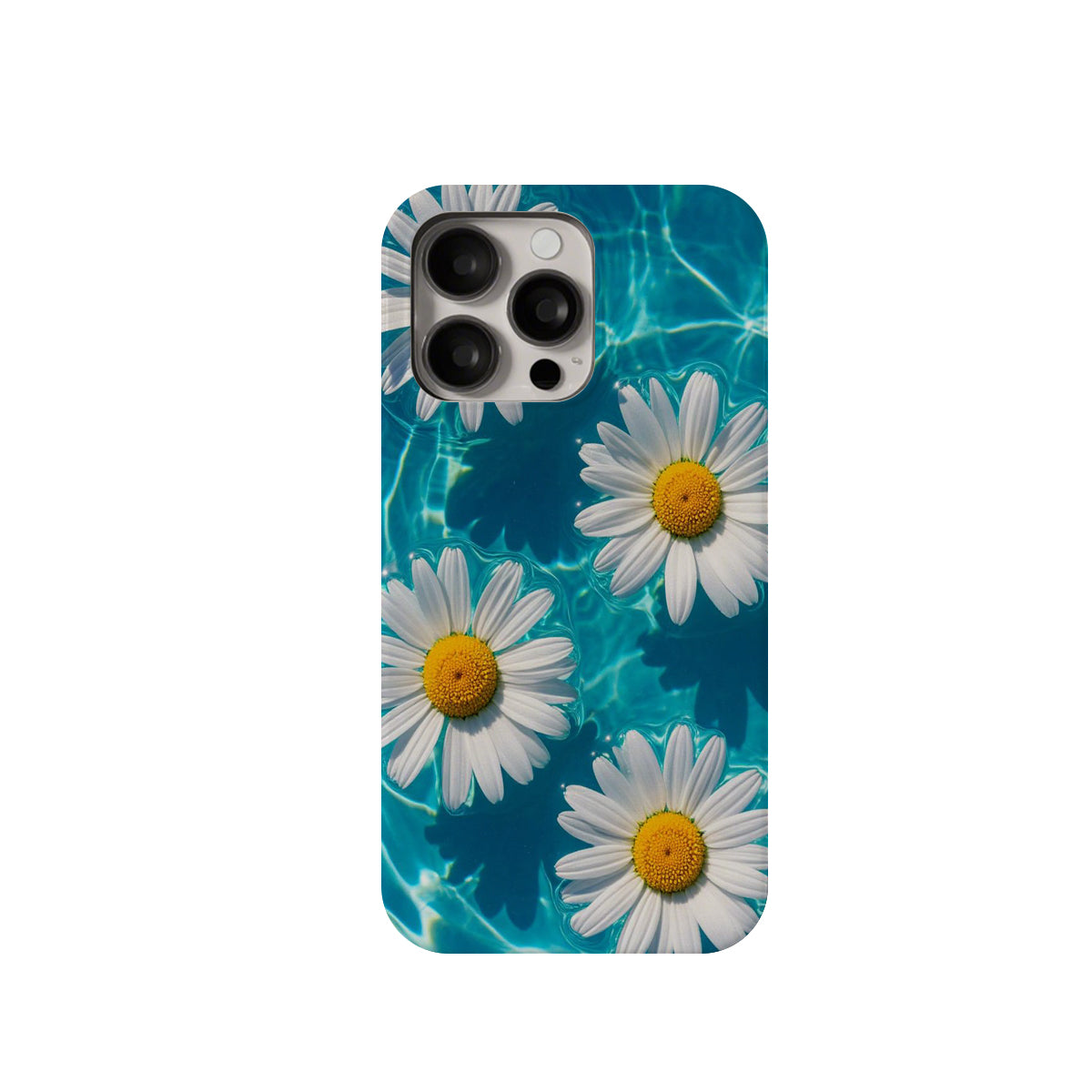 Phone case with daisy flowers on a blue water background