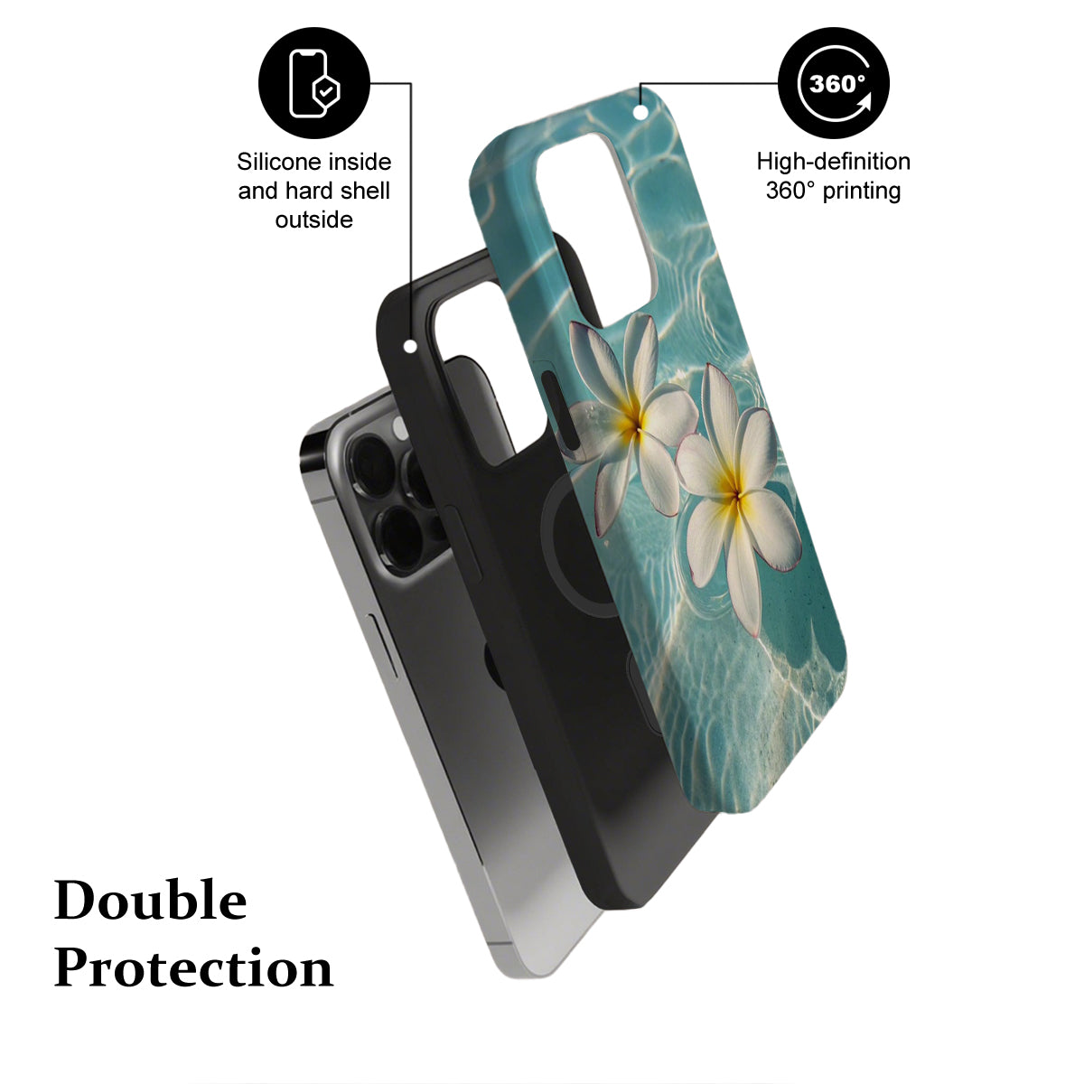 Phone case with floral design and text highlighting features on a white background