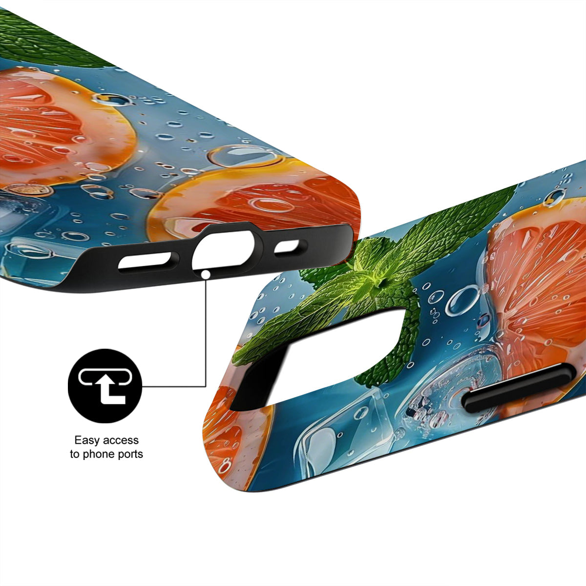 Phone case with grapefruit and mint design on a white background