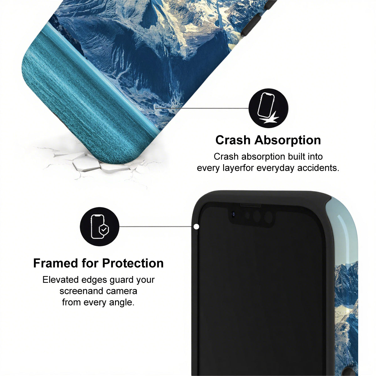 Phone case with crash absorption and framed protection features, mountainous background.