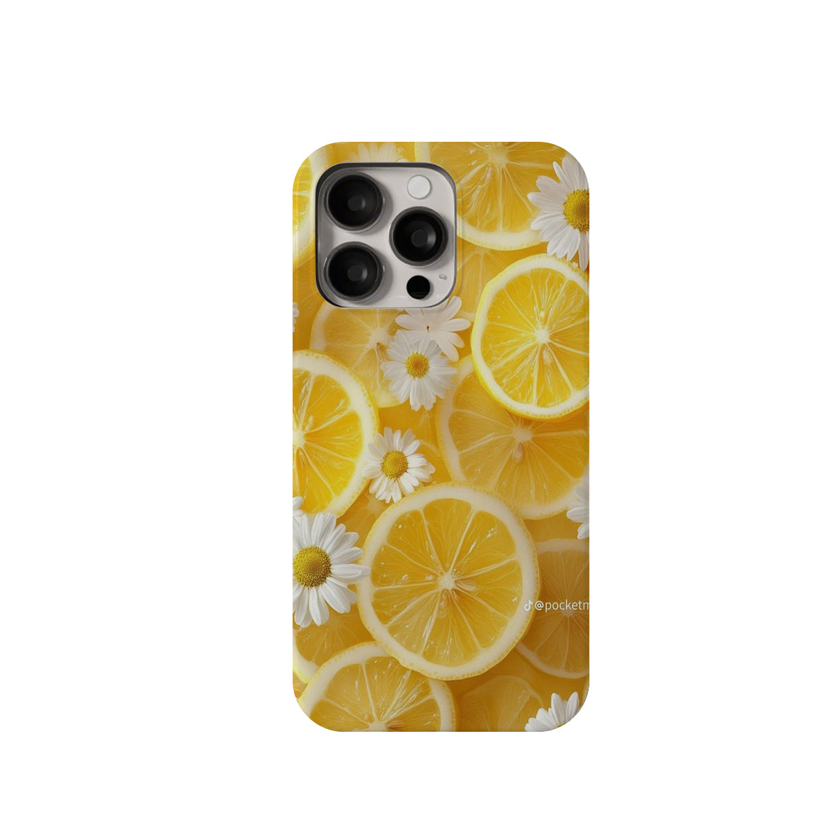 Phone case with lemon slices and daisies on a yellow background