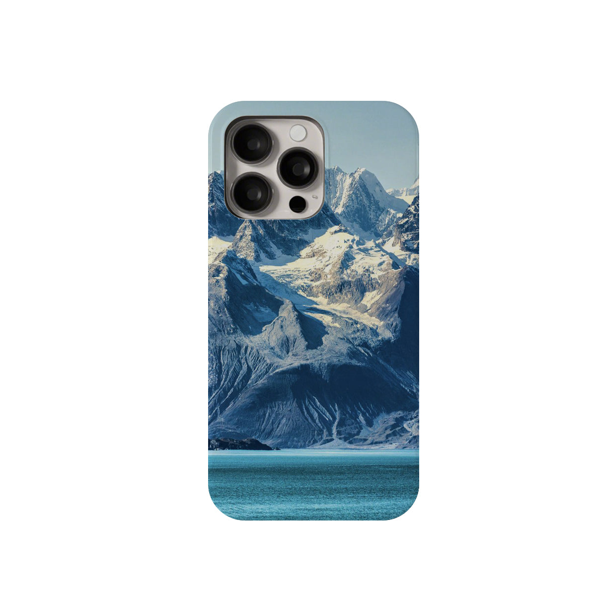 Phone case with mountain and lake design on a white background