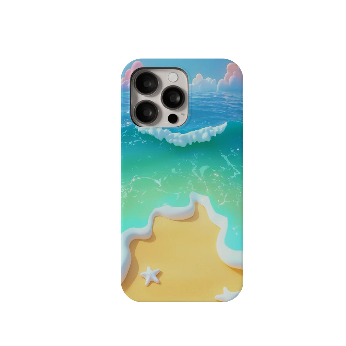 Phone case with beach design featuring ocean and sand on a white background
