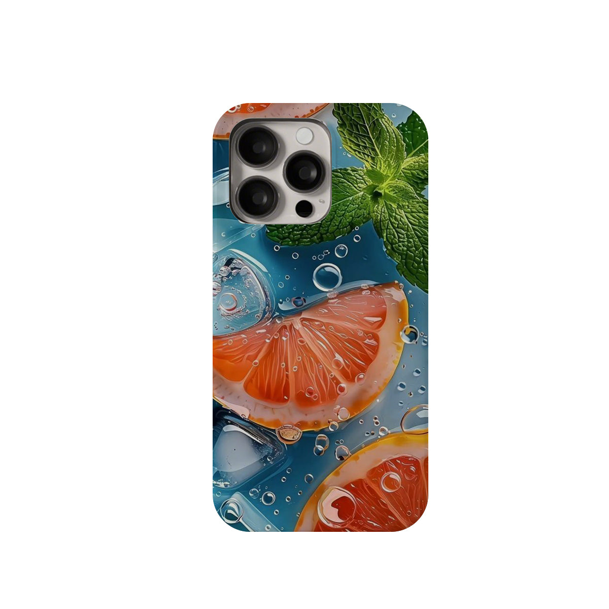 Phone case with orange slices, water droplets, and mint leaves on a blue background