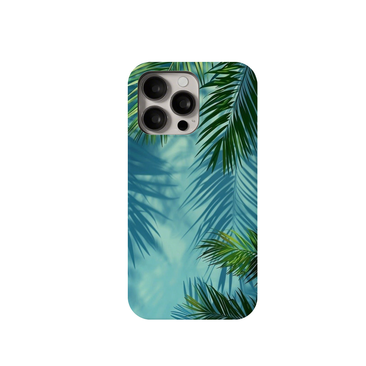 Phone case with palm leaf design on a blue background