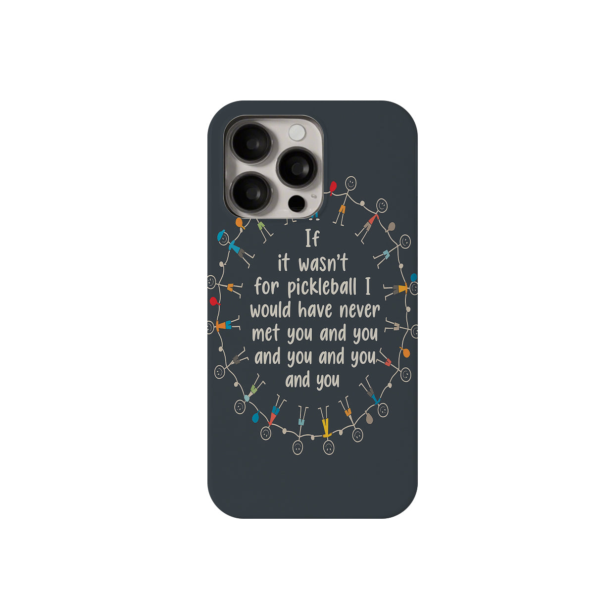 Phone case with pickleball design and text on a dark background