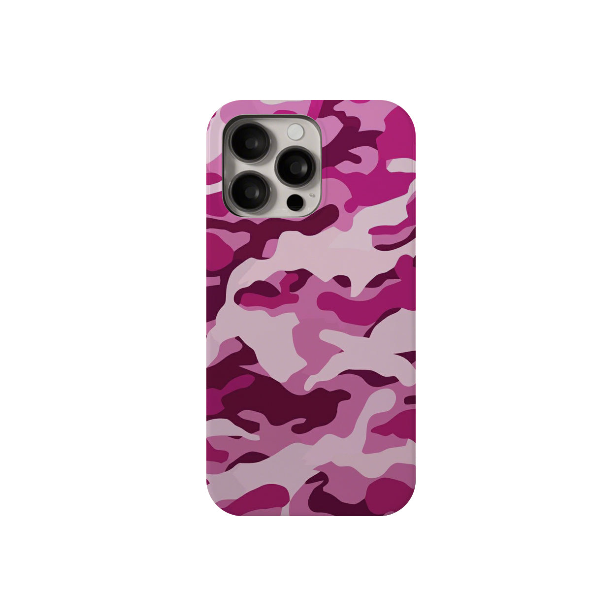 Phone case with pink and purple camouflage pattern on a white background