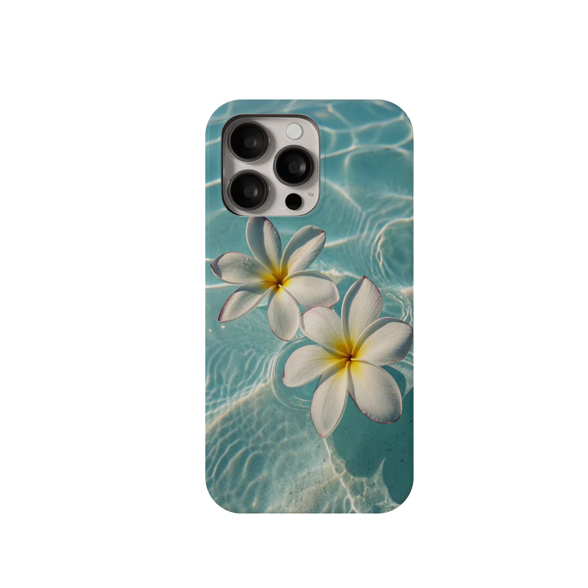 Phone case with plumeria flowers and water design on a white background