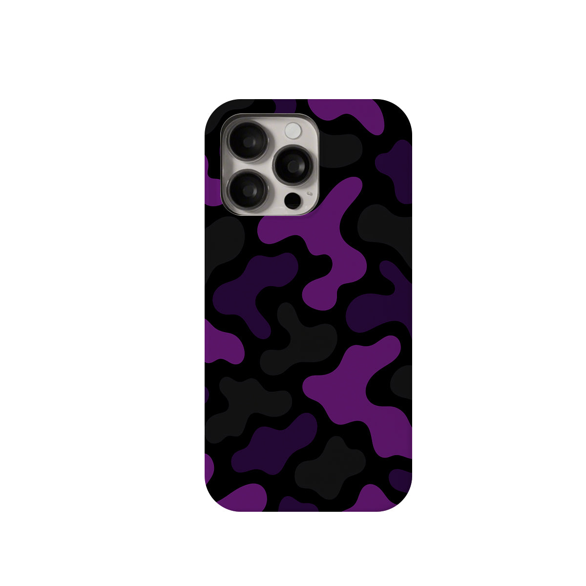 Phone case with purple and black camouflage pattern on a white background