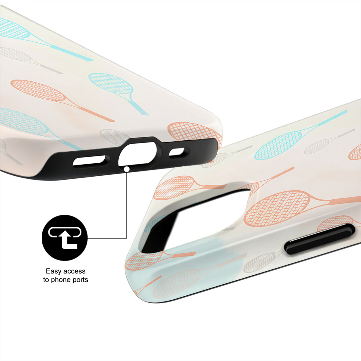 Phone case with racket pattern and text indicating easy access to phone ports on a white background