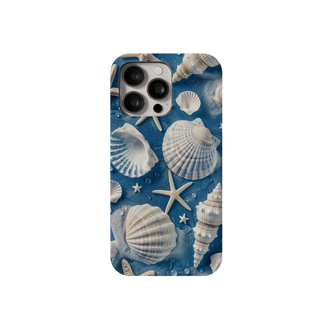 Phone case with seashell and starfish design on a blue background