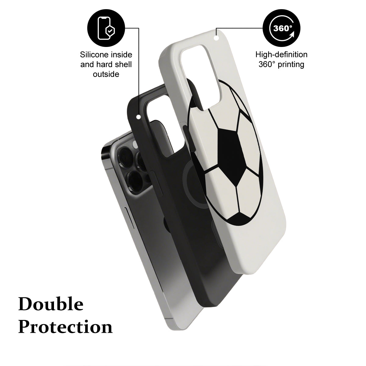 Phone case with soccer ball design and text highlighting features on a white background