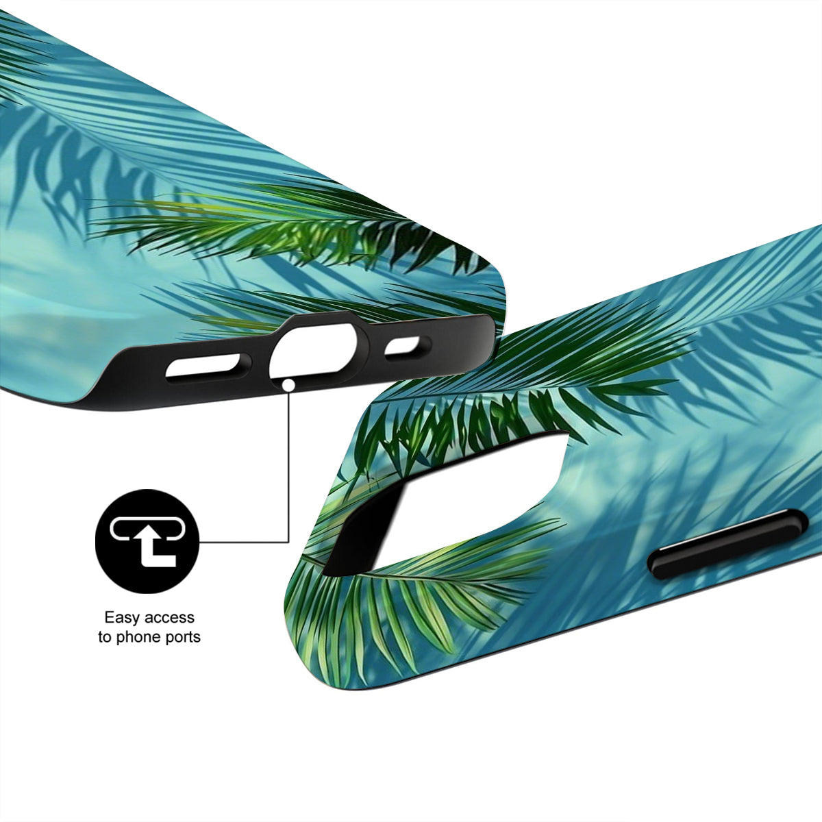 Phone case with tropical leaf design and palm tree leaves on a white background