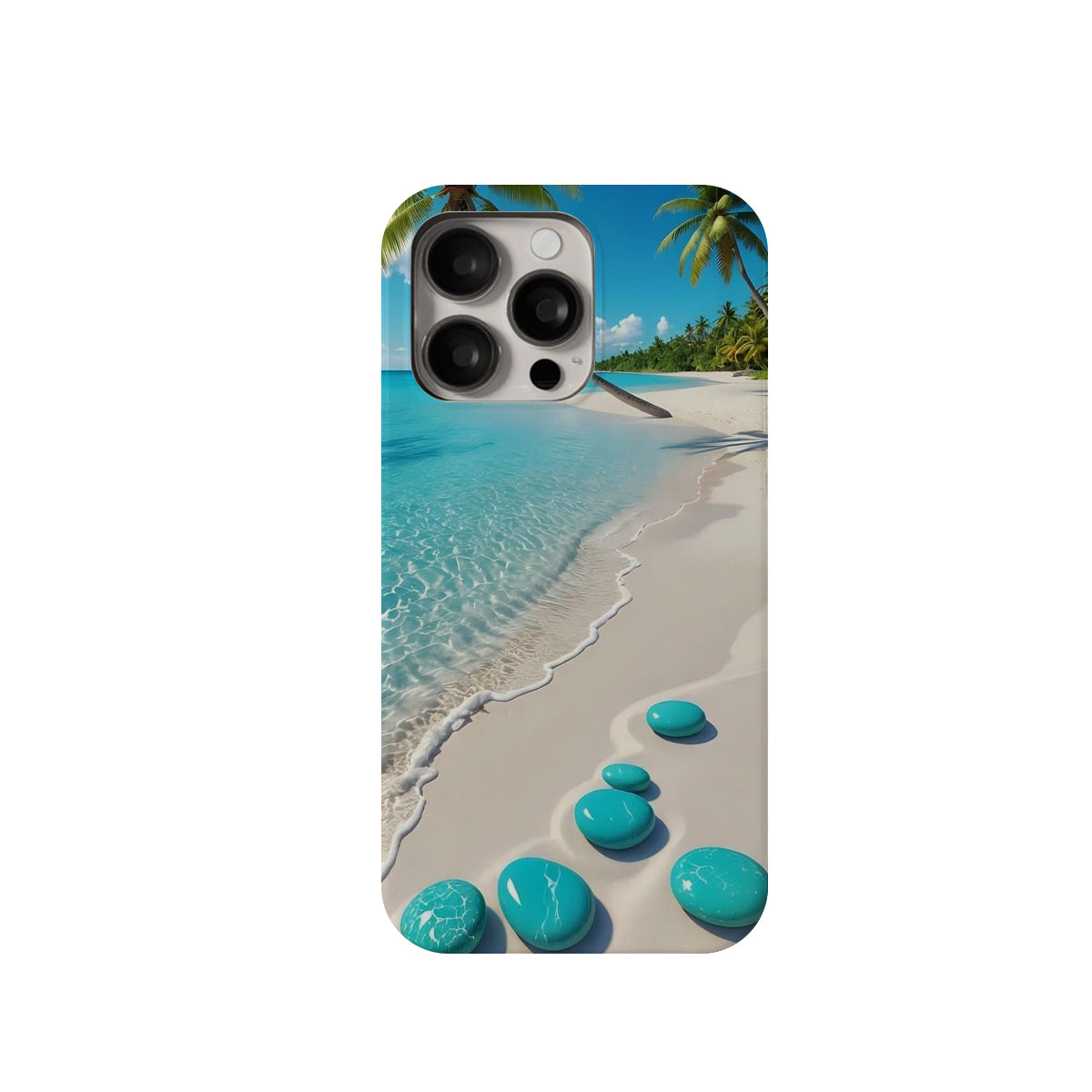Phone case with a tropical beach design featuring turquoise stones and palm trees.