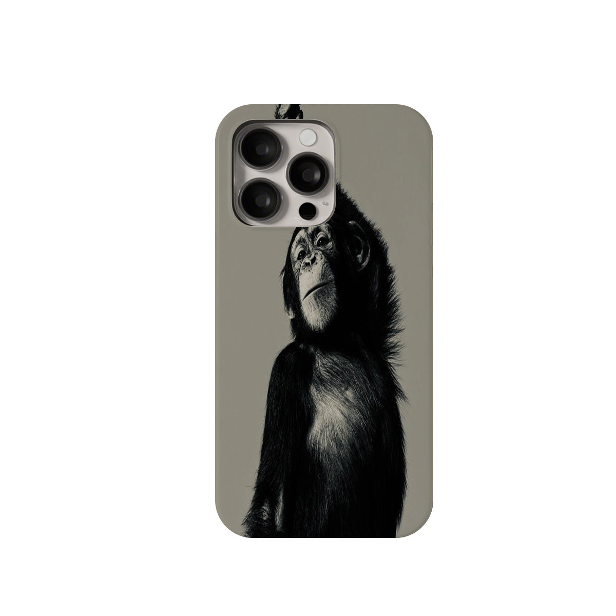 Phone case with a black and white monkey design on a beige background