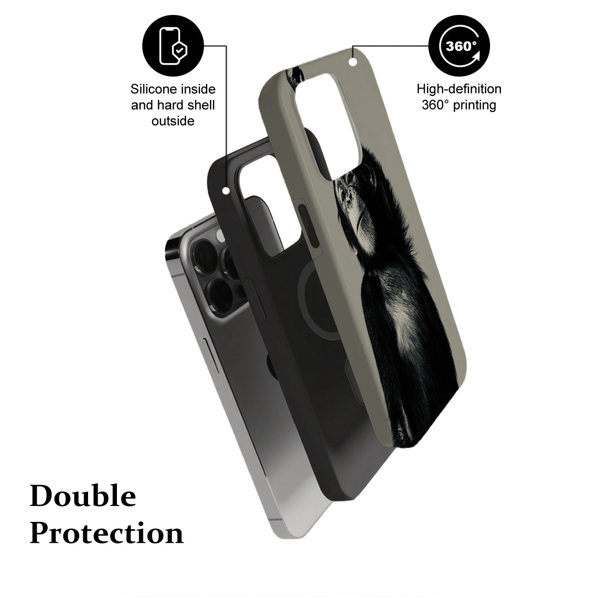 Phone case with 360-degree printing and double protection features on a white background