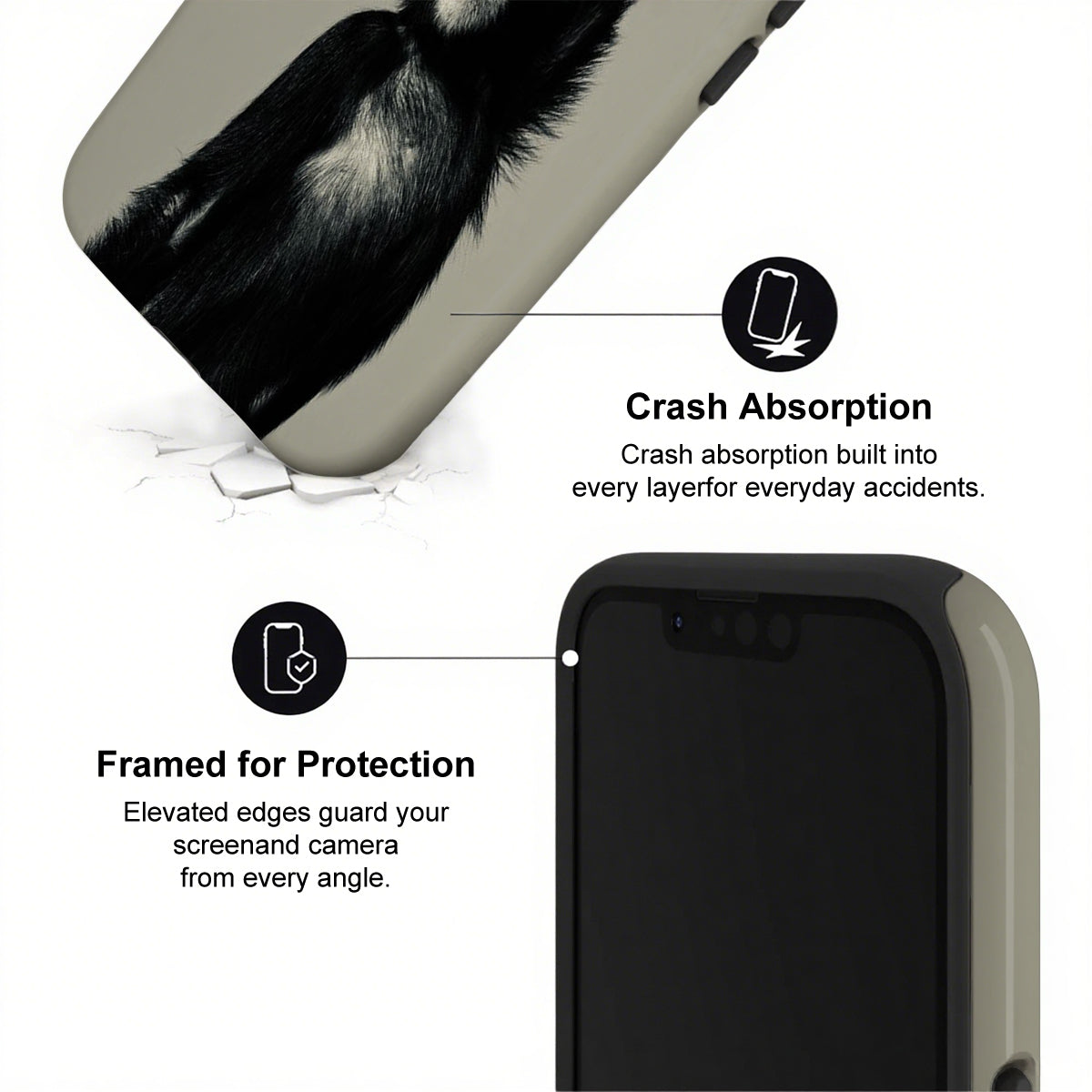 Phone case with crash absorption and protection features on a white background