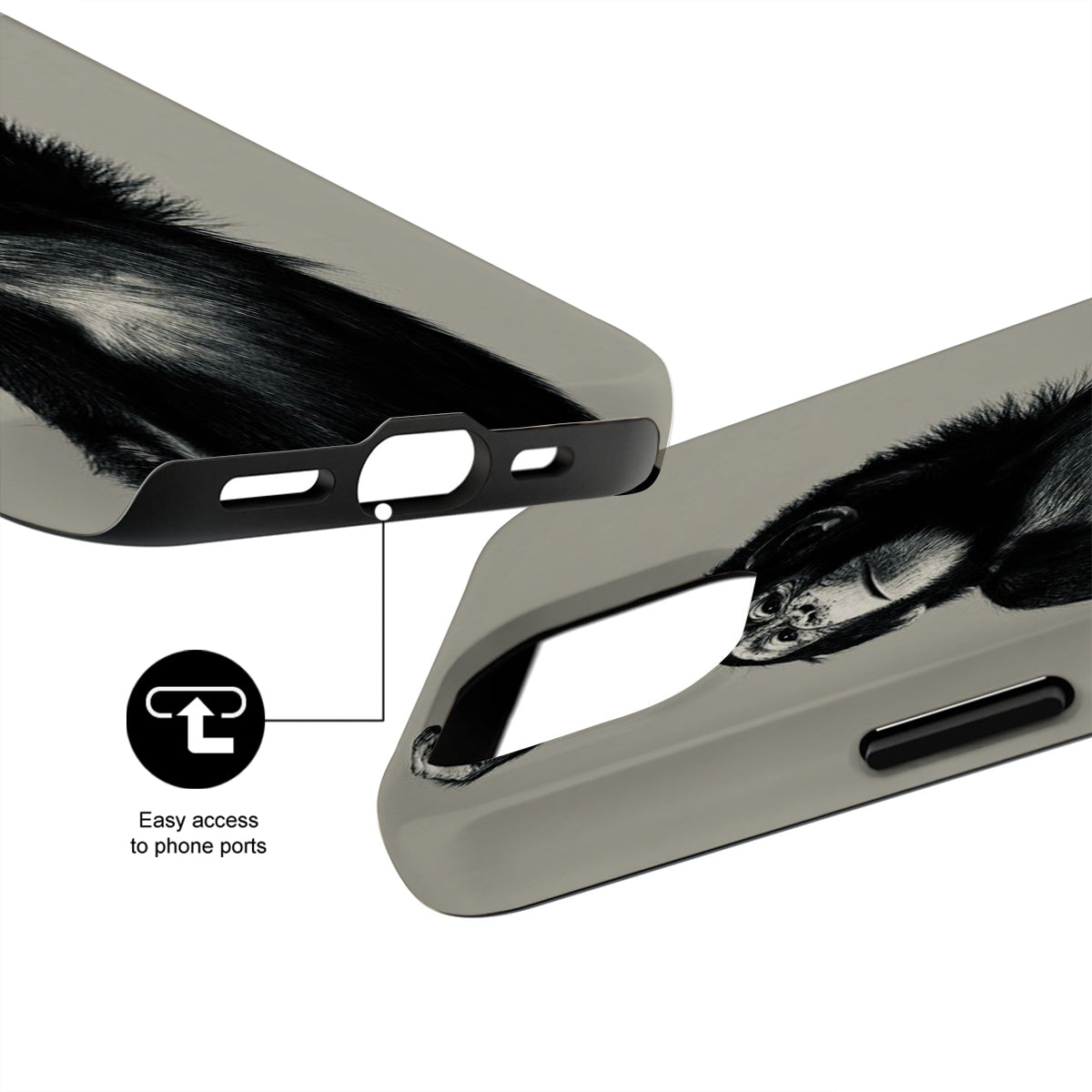 Phone case with clear back and black trim, showing ease of access to phone ports.