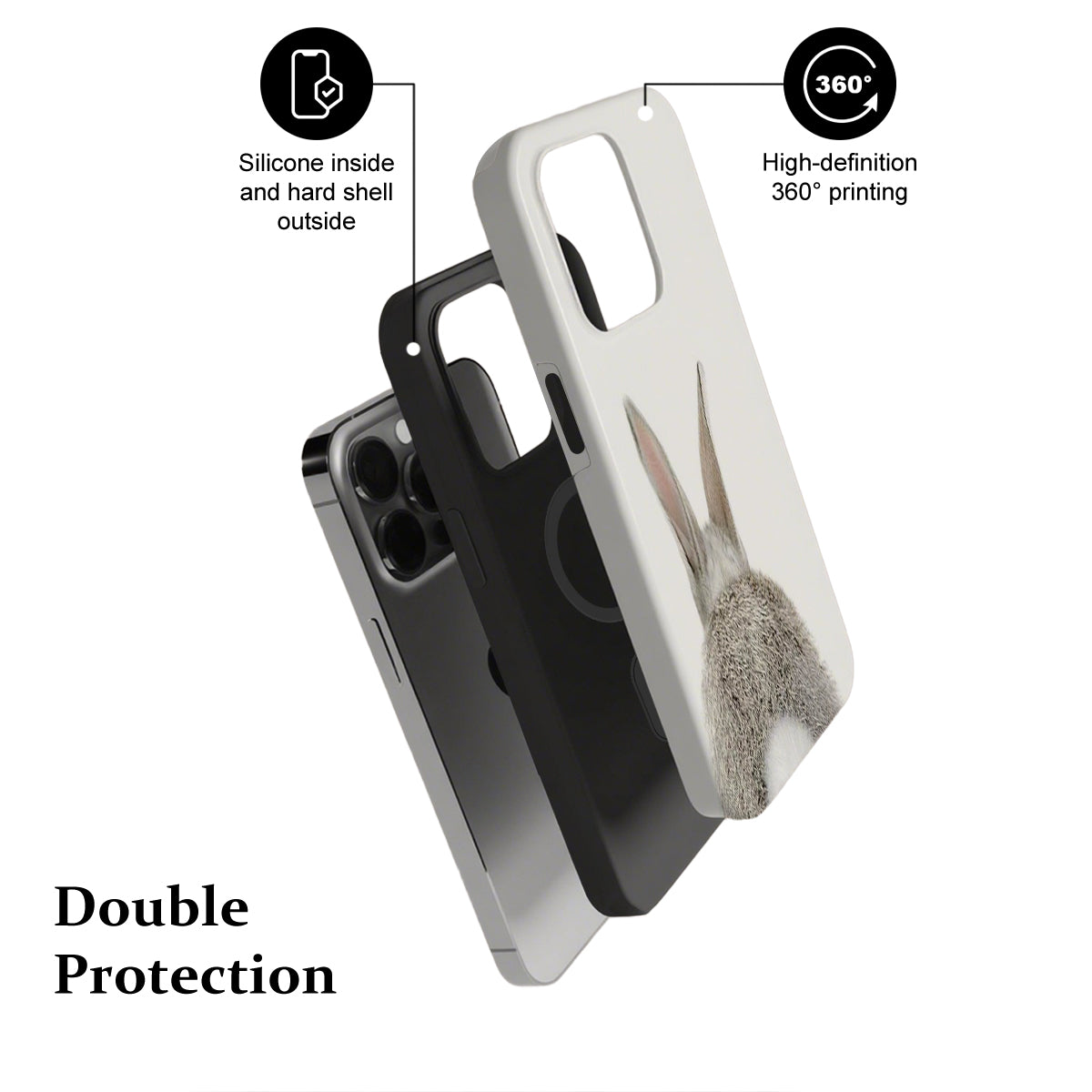 Phone case with silicone inside and hard shell outside, featuring high-definition 360-degree printing.