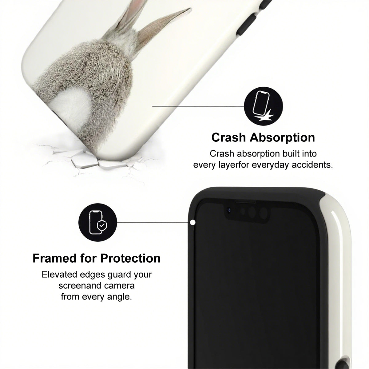Phone case with crash absorption and protection features on a white background