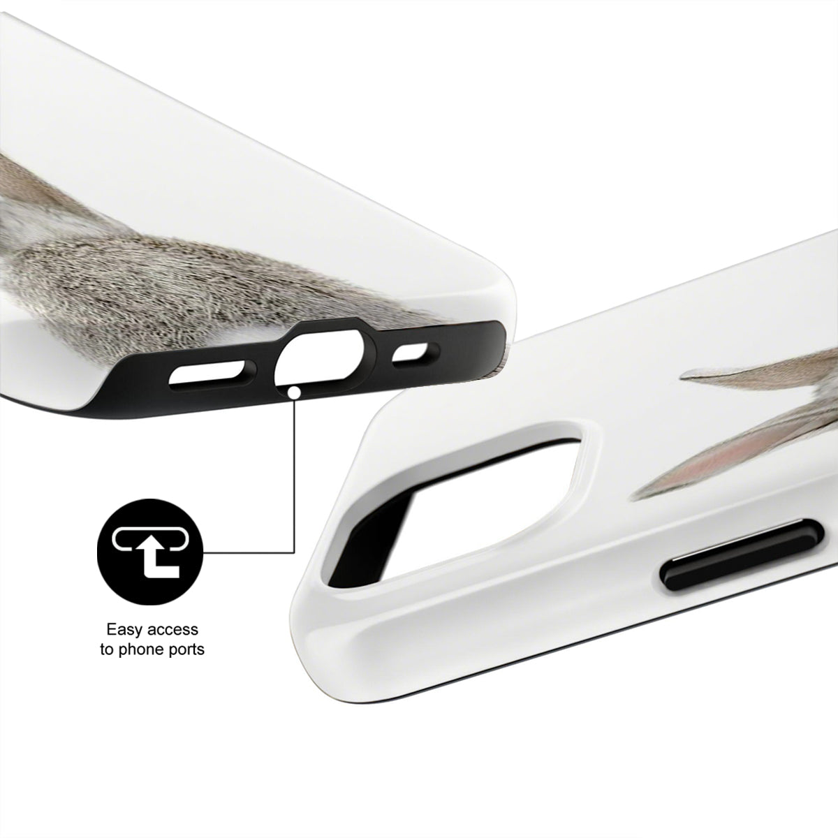 Phone case with clear design, showing easy access to phone ports on a white background.