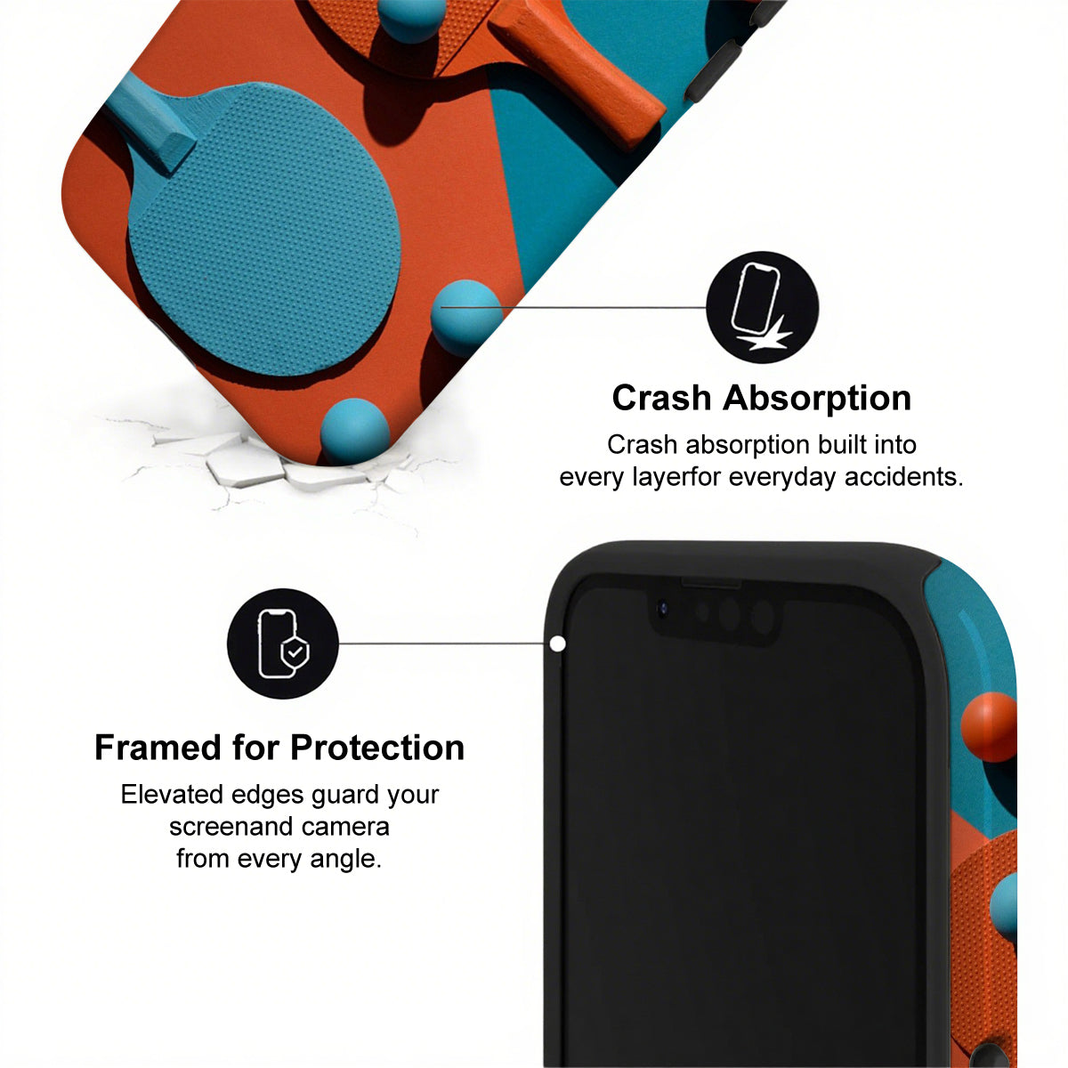 Phone case with crash absorption and framed protection features on a white background