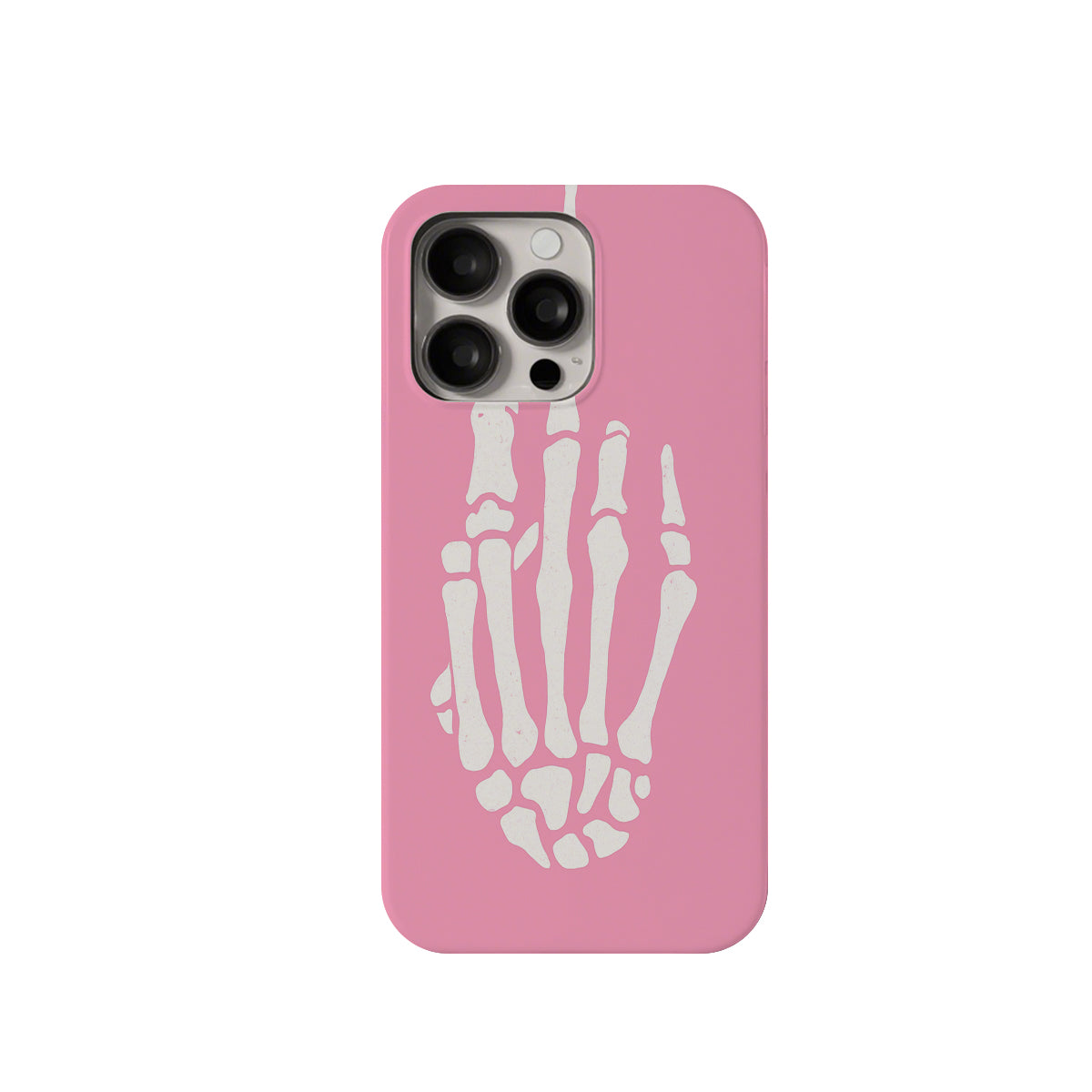 Phone case with skeleton hand design on a pink background
